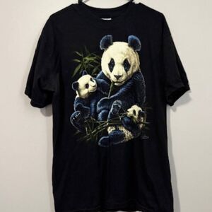 USED Woman's Gildan Short Sleeve T Shirt W Pandas Color Black/Blue Size Large